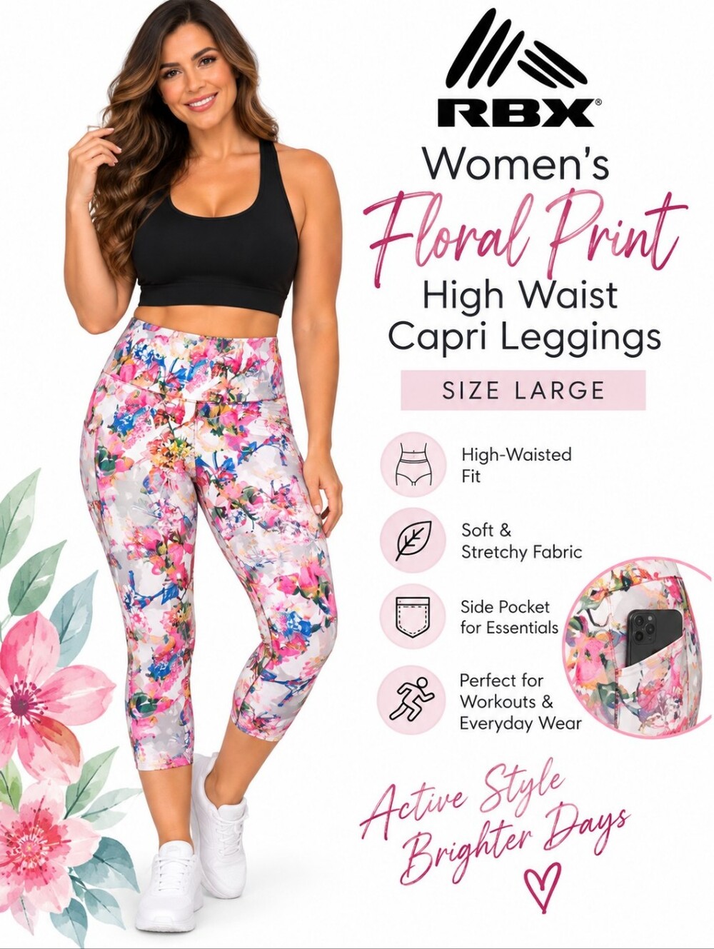 RBX Women’s Floral Print High Waist Capri Leggings – Size Large